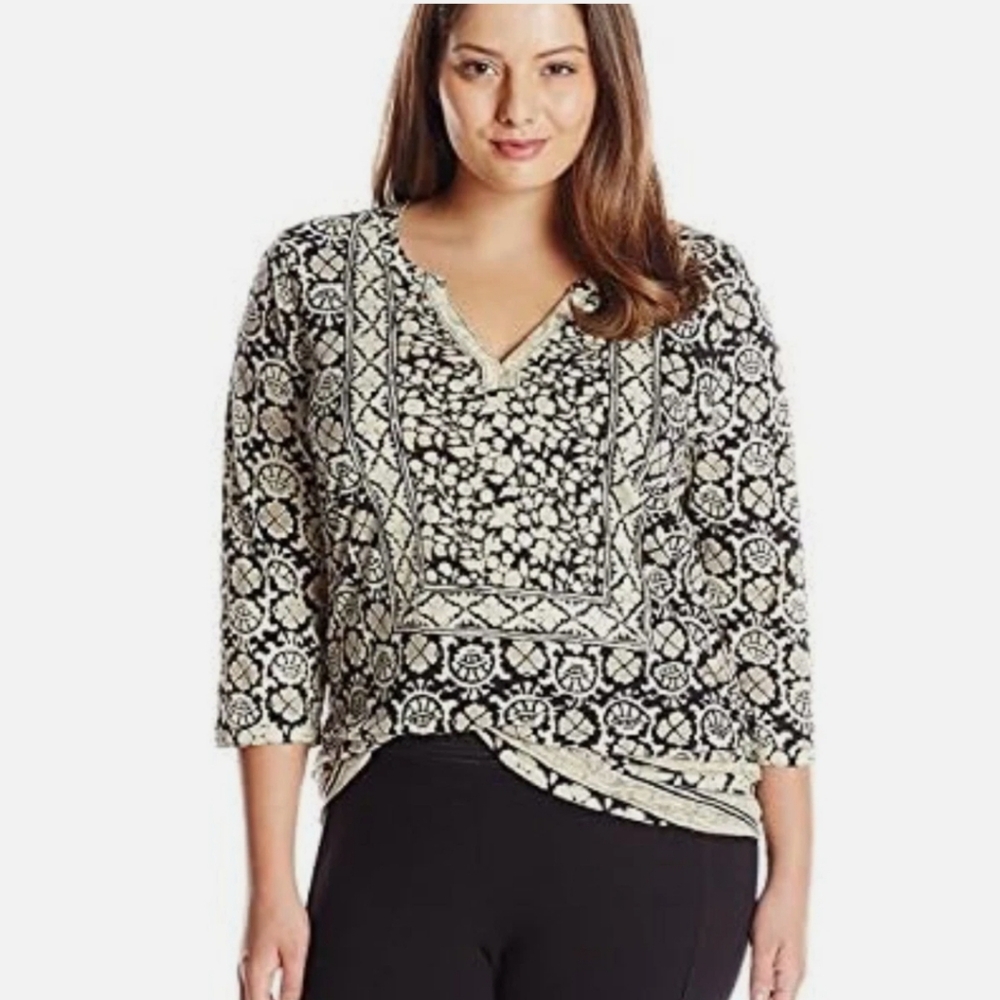 Lucky Brand Women's Plus Bohemian Block Textured Floral Print Tunic Top 1X